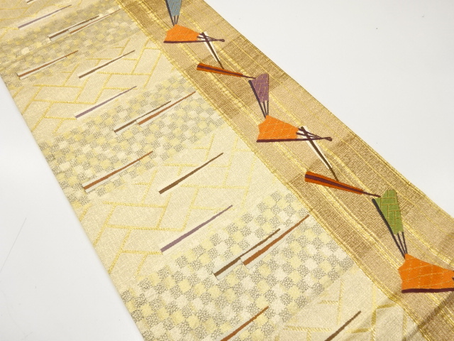 縞に扇・桧垣模様織り出し　袋帯